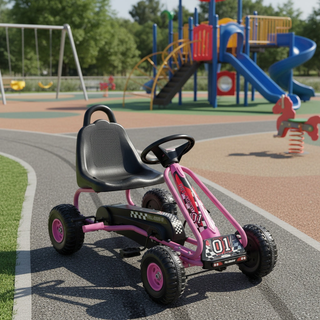 Kart à pédales pour enfants de 3 à 6 ans, voiture à pédales à 4 roues avec siège réglable, frein à main, roues antidérapantes, kart de course extérieur pour garçons et filles - Bleu, vert, rouge, rose