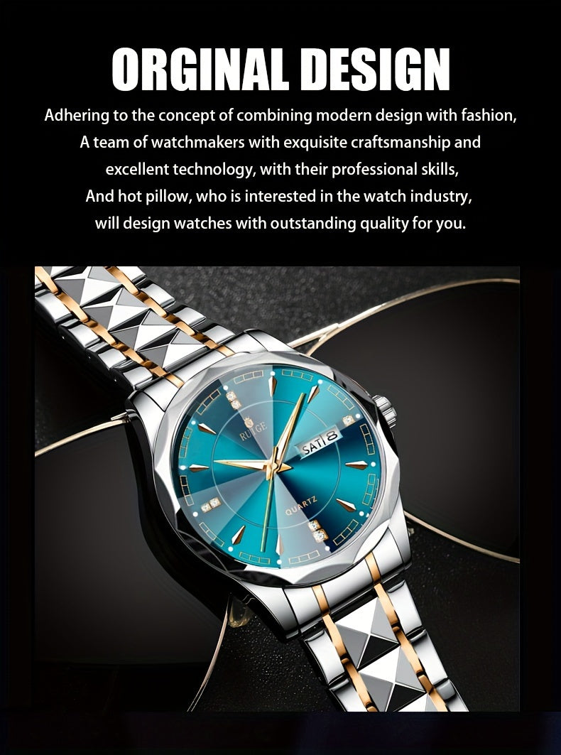 Montre à quartz pour homme RUIGE – Veilleuse, double calendrier, cadran à facettes façon diamant, boîtier en acier inoxydable, bracelet en alliage, montre-bracelet business décontracté, cadeau idéal pour la fête des pères