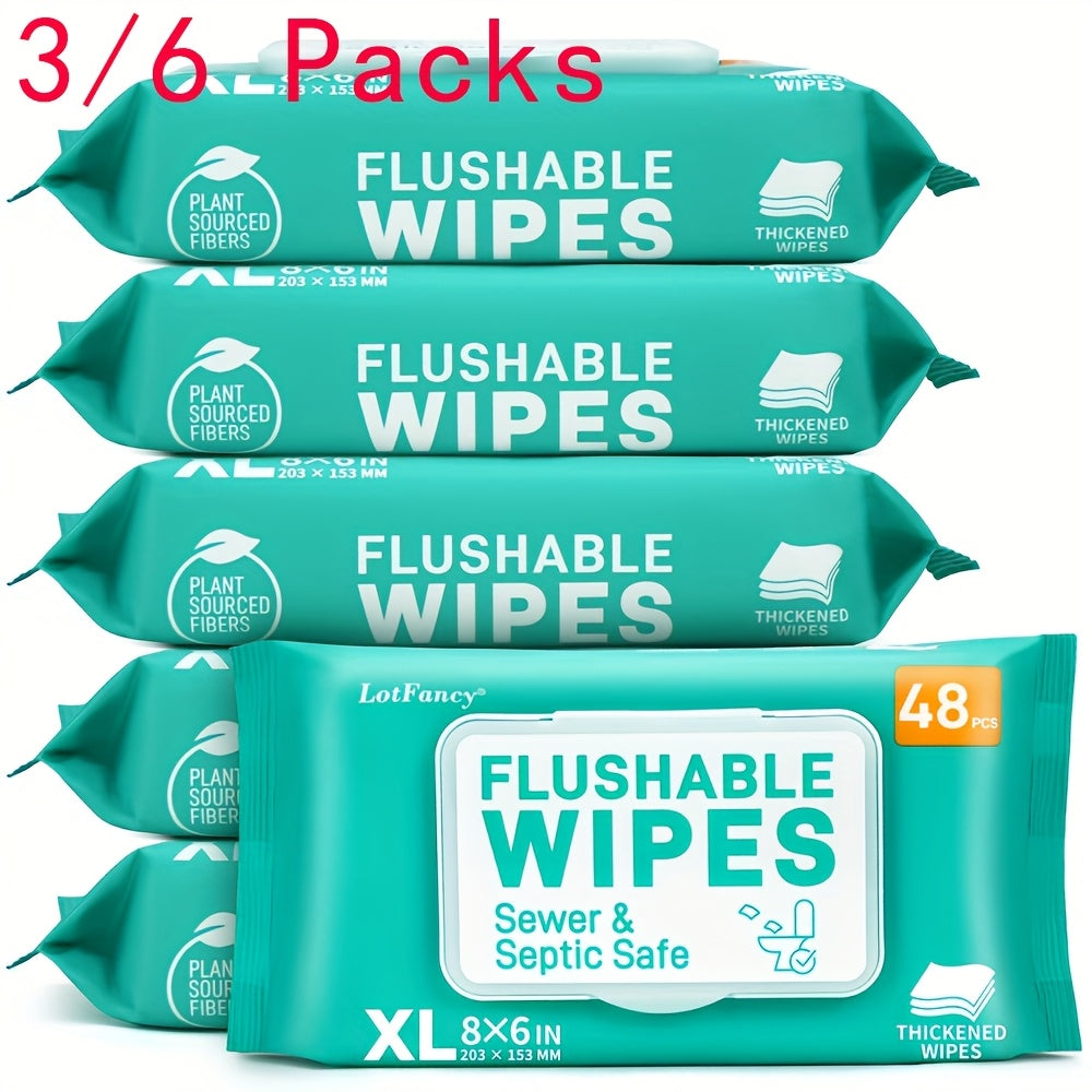 Lingettes humides jetables dans les toilettes, extra larges et épaisses – 144 ou 288 unités (paquet de 3 ou 6 x 48 unités), sans alcool, à base de plantes, compatibles avec les fosses septiques et les égouts, adaptées aux peaux sensibles et aux bébés