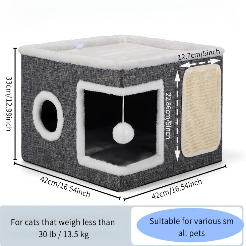 Maison pour chat pliable à 2 niveaux avec griffoir, balle suspendue en peluche et tunnel – Cube de couchage pour chat d'intérieur, structure en nylon et toile, design compact de 42 x 42 x 33 cm pour les petits espaces