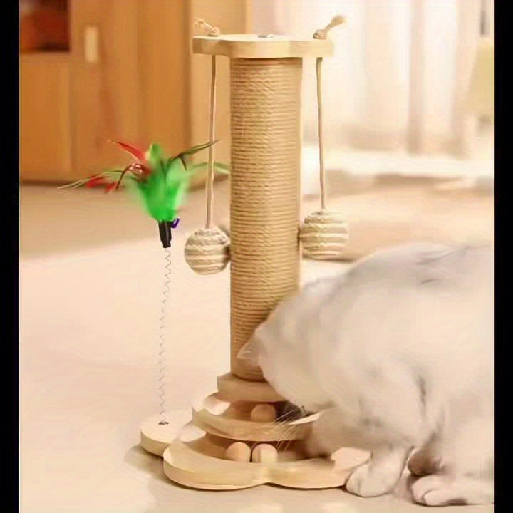 Arbre à chat multi-niveaux en sisal de qualité supérieure avec 6 balles jouets en bois, 2 balles suspendues et 2 plumeaux, base antidérapante, arbre à chat interactif pour chats d'intérieur et chatons
