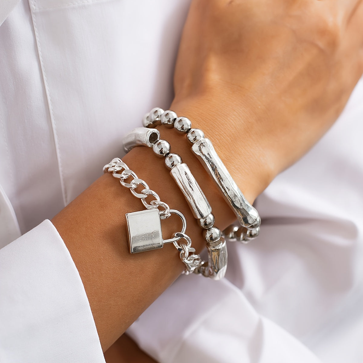 Lot de 3 bracelets punk en argent sterling 925 à perles avec pendentif cadenas – Bijou de poignet audacieux et empilable en argent pour femmes, hommes et ados, cadeau idéal pour les fêtes, festivals et au quotidien