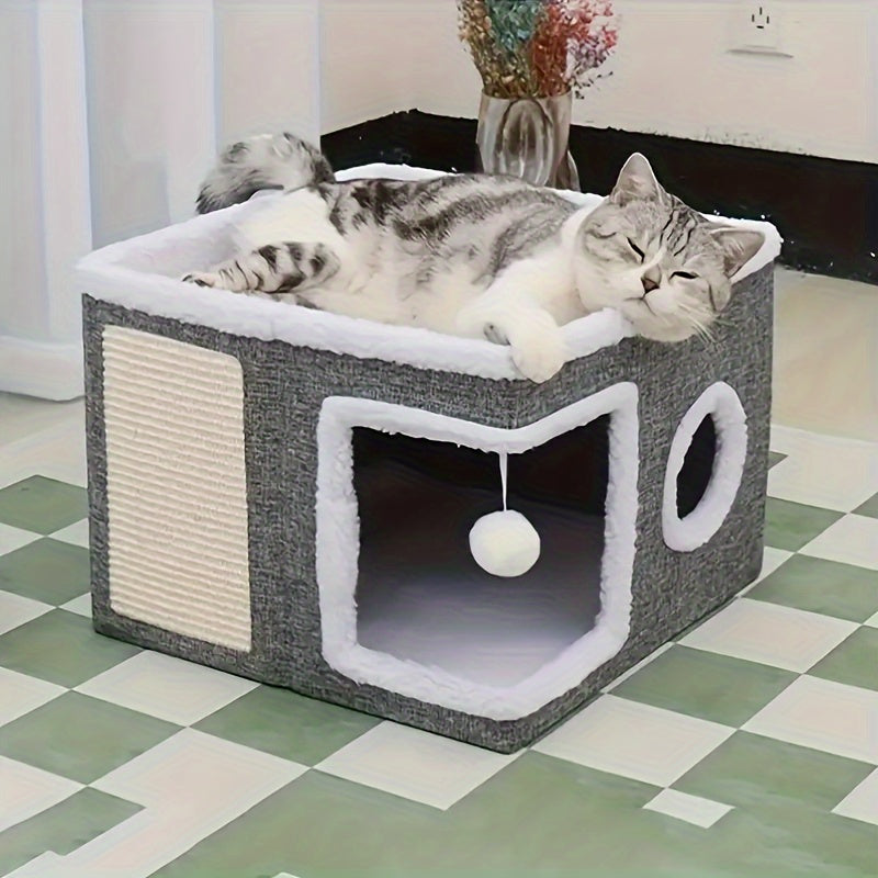 Maison à étages pour chat avec lit à 2 niveaux, tunnel de jeu, griffoir pliable et tapis douillet – Condo d'intérieur pour chat toutes saisons avec balle suspendue en peluche, cadre en nylon et toile, design pliable