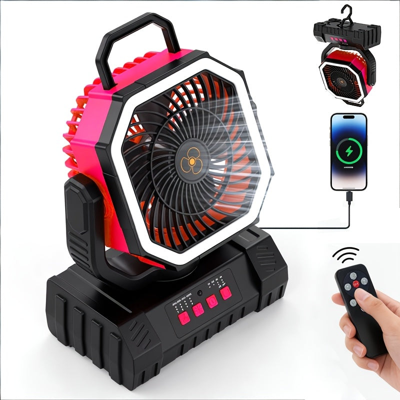 Ventilateur de camping à batterie 20 000 mAh, autonomie 59 h – Ventilateur oscillant portable rechargeable avec télécommande, 4 vitesses, éclairage LED et crochet pour tente, extérieur, terrasse, garage, coupure de courant ou ouragan