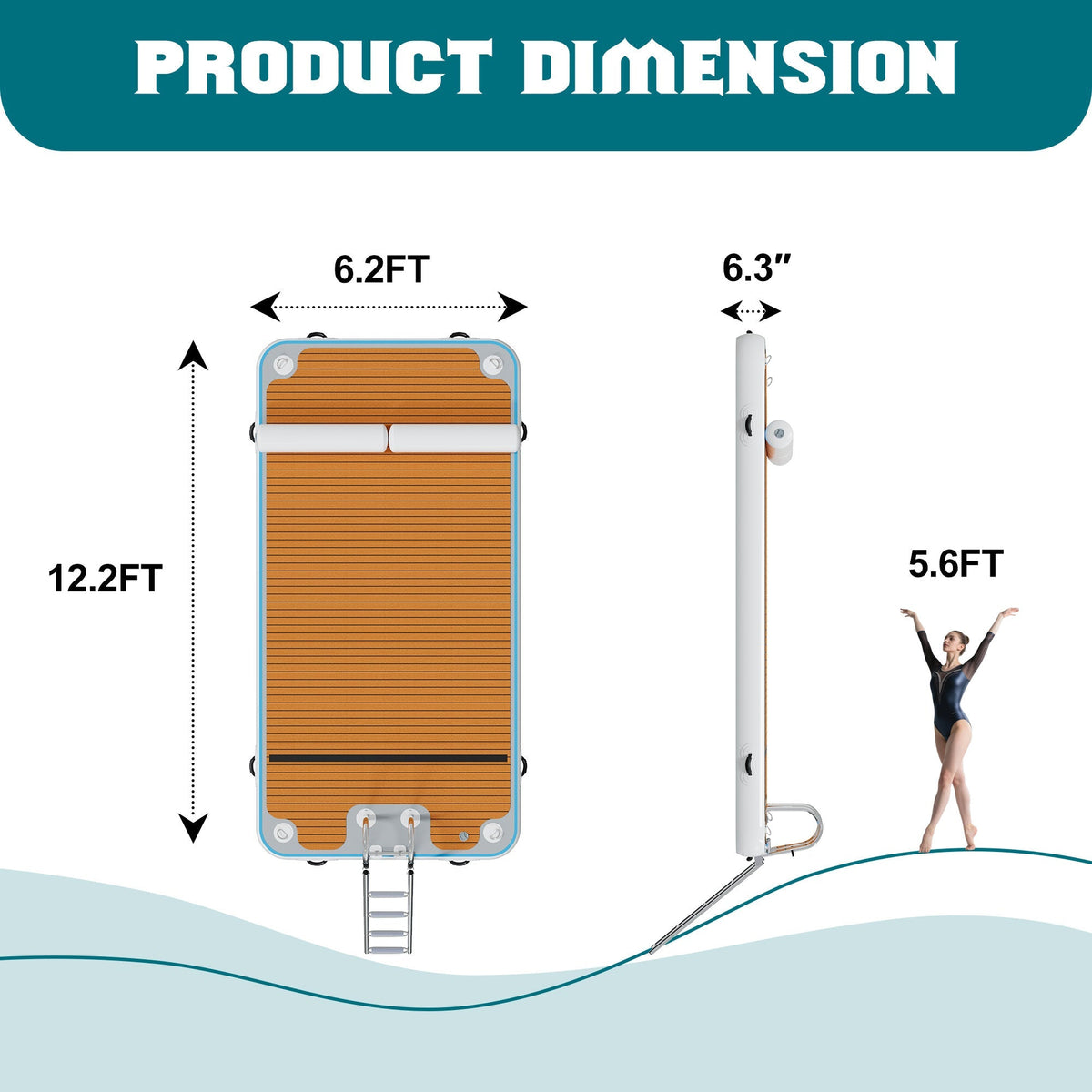 Plateforme flottante gonflable pour lac – Plateforme de baignade modulaire en PVC Drop Stitch de 3,6 m x 1,8 m avec anneaux en D, échelle de corde et pompe manuelle, tapis d'eau antidérapant pour adultes et enfants
