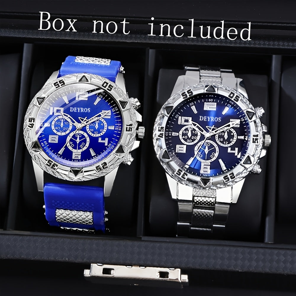 Coffret de 2 montres à quartz pour homme – Boîtier en acier inoxydable et bracelet en silicone, cadran rond classique, style décontracté et professionnel, coffret cadeau de montres sportives pour hommes, ensembles A B C D disponibles