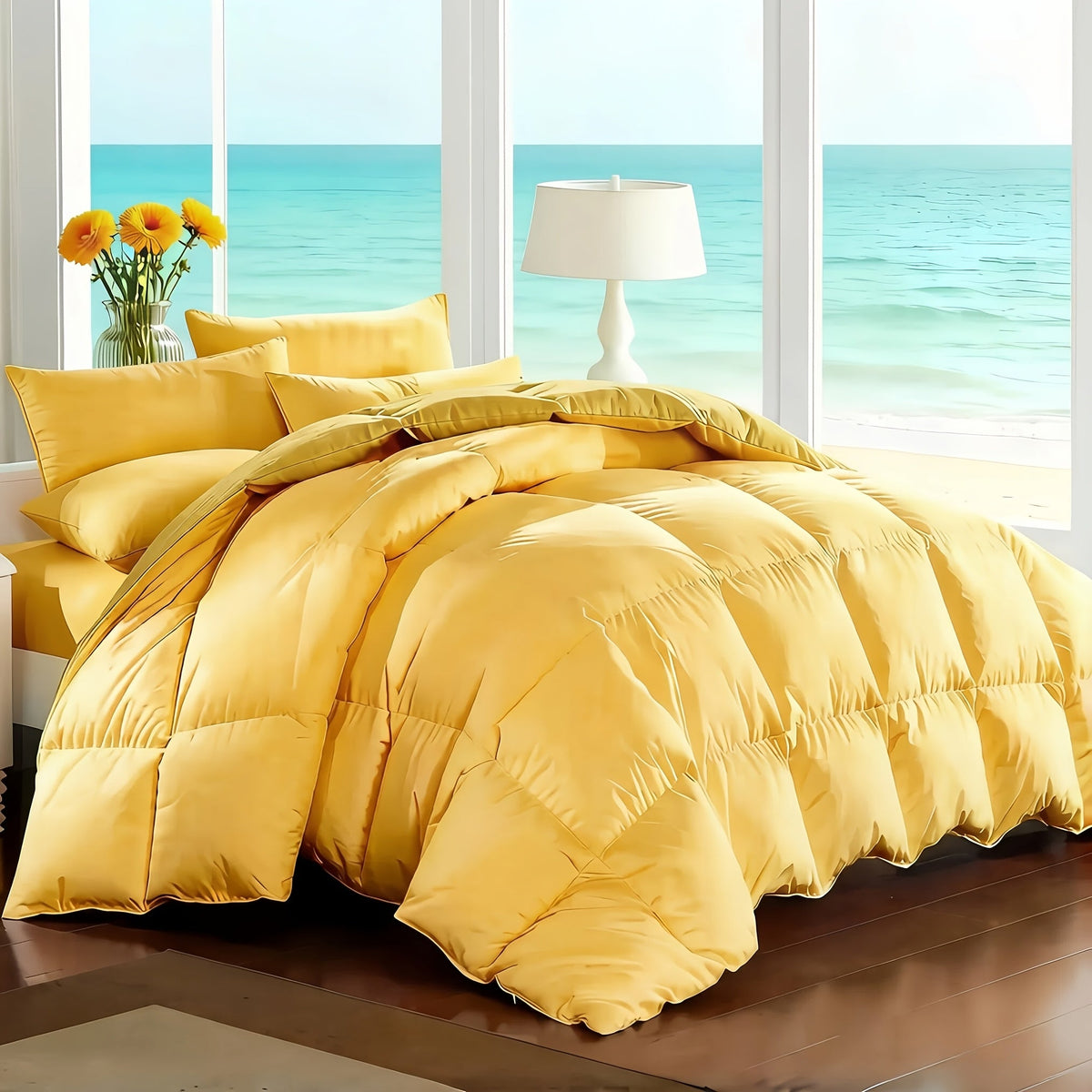 Ensemble de literie 7 pièces pour lit Queen/King – Parure de lit en microfibre douce à plis pincés, comprenant une couette, un drap-housse, un drap plat et 4 taies d'oreiller, ensemble de literie toutes saisons pour la maison et le dortoir