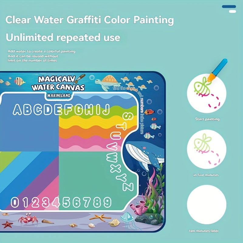 Tapis de dessin à l'eau pour enfants, toile de peinture magique réutilisable, kit d'art sans taches, 3 ans et +, grand format 80x60 cm, motifs animaux marins, boîte cadeau