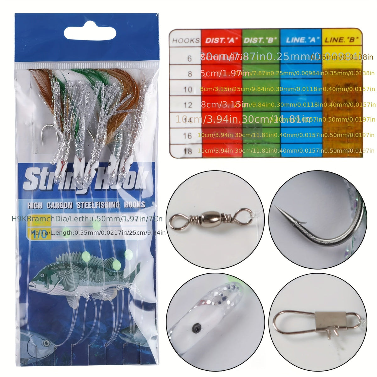 Lot de 22 montages de pêche avec hameçons en acier à haute teneur en carbone, perles lumineuses, leurres à flasher – Kit d'accessoires de pêche en eau douce et en eau salée pour bar, truite et saumon