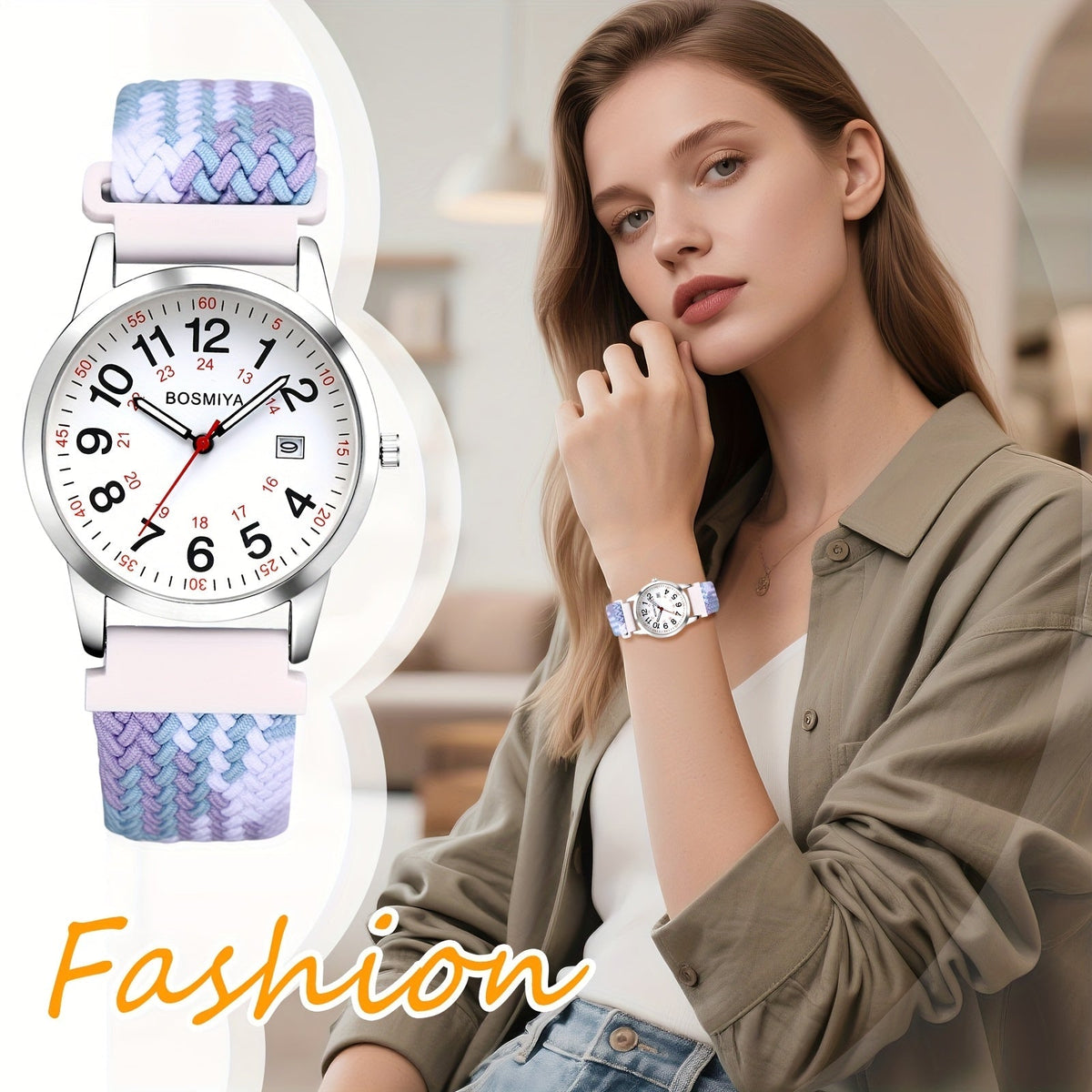 Montre de sport à quartz analogique avec grand cadran à calendrier et bracelet en nylon tressé – Montre-bracelet ronde à lecture facile avec cadran 24 heures pour hommes et femmes, bracelet élastique réglable et souple, 4 styles