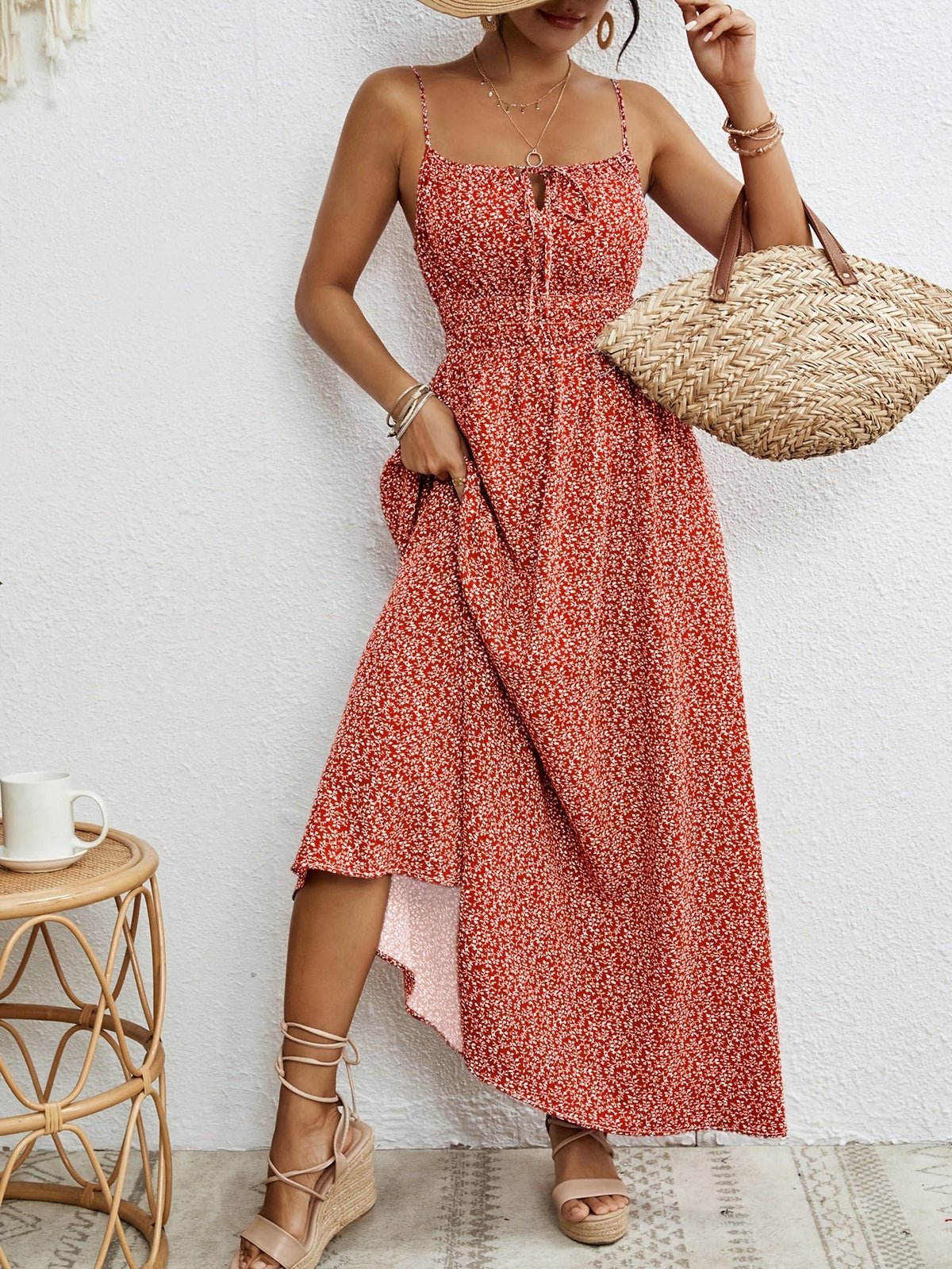 Robe d'été sans manches à fines bretelles pour femme, robe bohème à imprimé intégral avec détail noué, vert, bleu marine, jaune, rouge rose S M L XL XXL