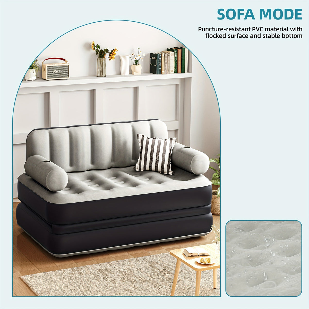 Canapé-lit gonflable 2-en-1 taille Queen – Canapé et matelas pneumatique portables avec tête de lit, porte-gobelets, pompe externe et sac de rangement, capacité de 200 kg pour la maison, le camping et les invités
