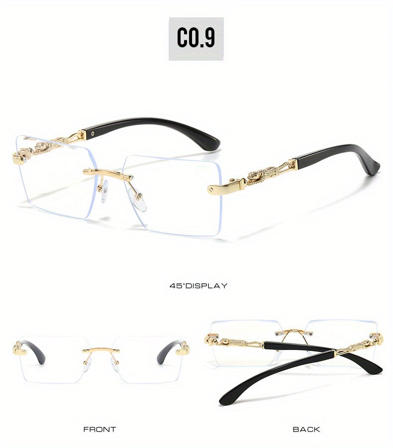 Lunettes de soleil unisexe sans monture motif léopard - Lunettes rectangulaires étroites anti-UV400 noir et doré, lunettes de mode haut de gamme pour hommes et femmes, étui et chiffon inclus, idéales pour les fêtes, les voyages et les festivals