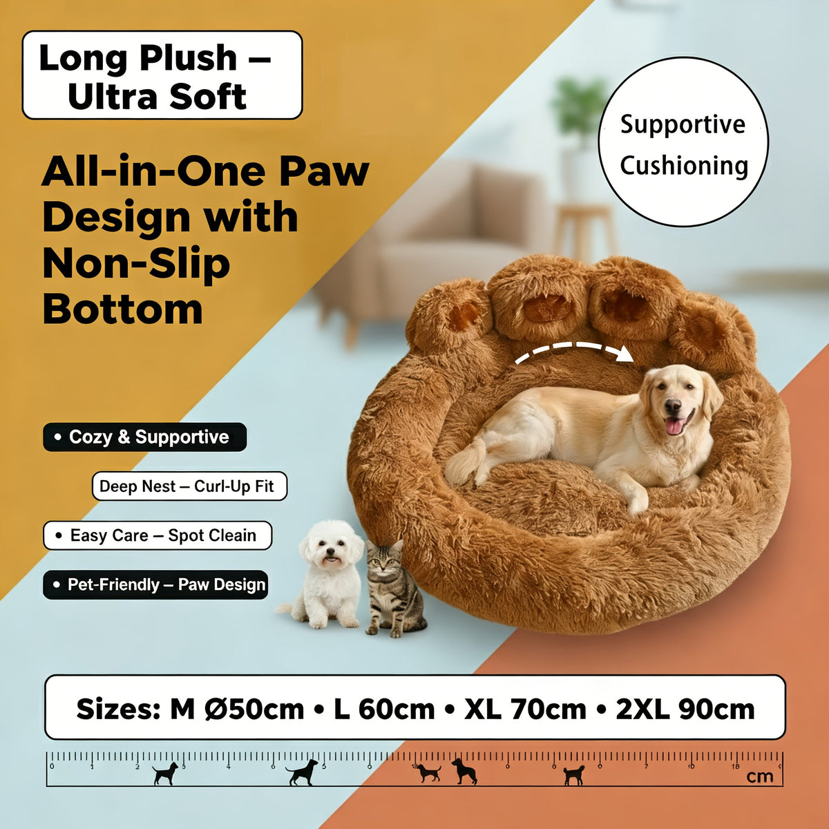 Panier rond pour chien et chat motif patte d’ours – Lit apaisant et doux pour animal de compagnie, antidérapant, chaud et confortable, petit, moyen, grand modèle, 50/60/70/90 cm, café/rose/gris