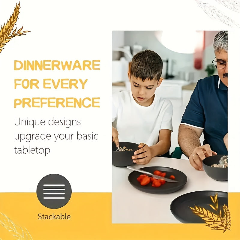 Black Wheat Straw Tableware Set β 16/32 Piece Unbreakable Eco-Friendly Plates Dessert Plates Bowls & Cups for 4-8 People, Outdoor Camping Party Wedding Halloween Kitchen Accessories