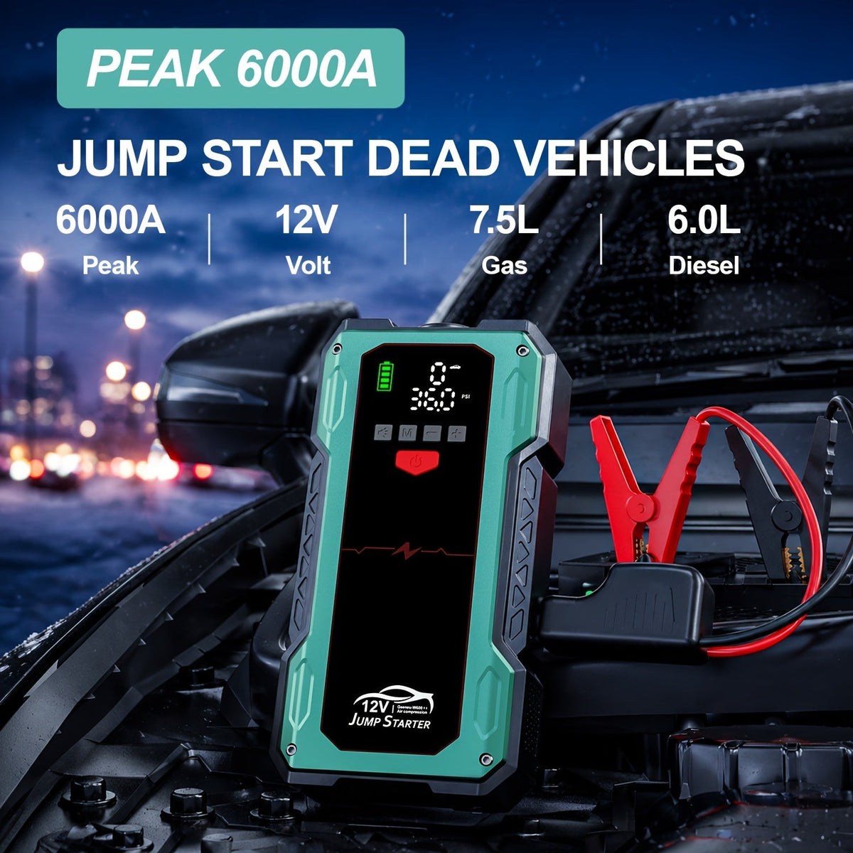 Démarreur portable 6000 A/9000 A avec compresseur d'air 150 PSI – Boîtier de démarrage 7-en-1 avec gonfleur de pneus numérique et batterie externe pour moteurs à essence (10 L) et diesel (9,0 L), démarreur de voiture avec ports USB