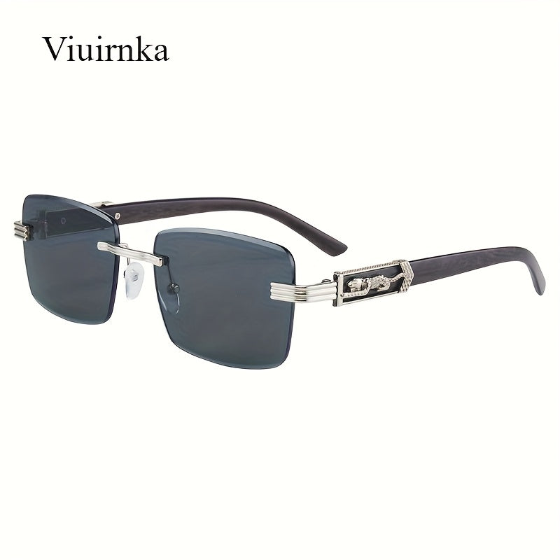 Lunettes de soleil rectangulaires vintage sans monture pour hommes et femmes – Lunettes tendance avec branches léopard et protection UV, 7 couleurs de verres, lunettes unisexes stylées pour l'extérieur, la conduite, les voyages, les fêtes et le quotidien