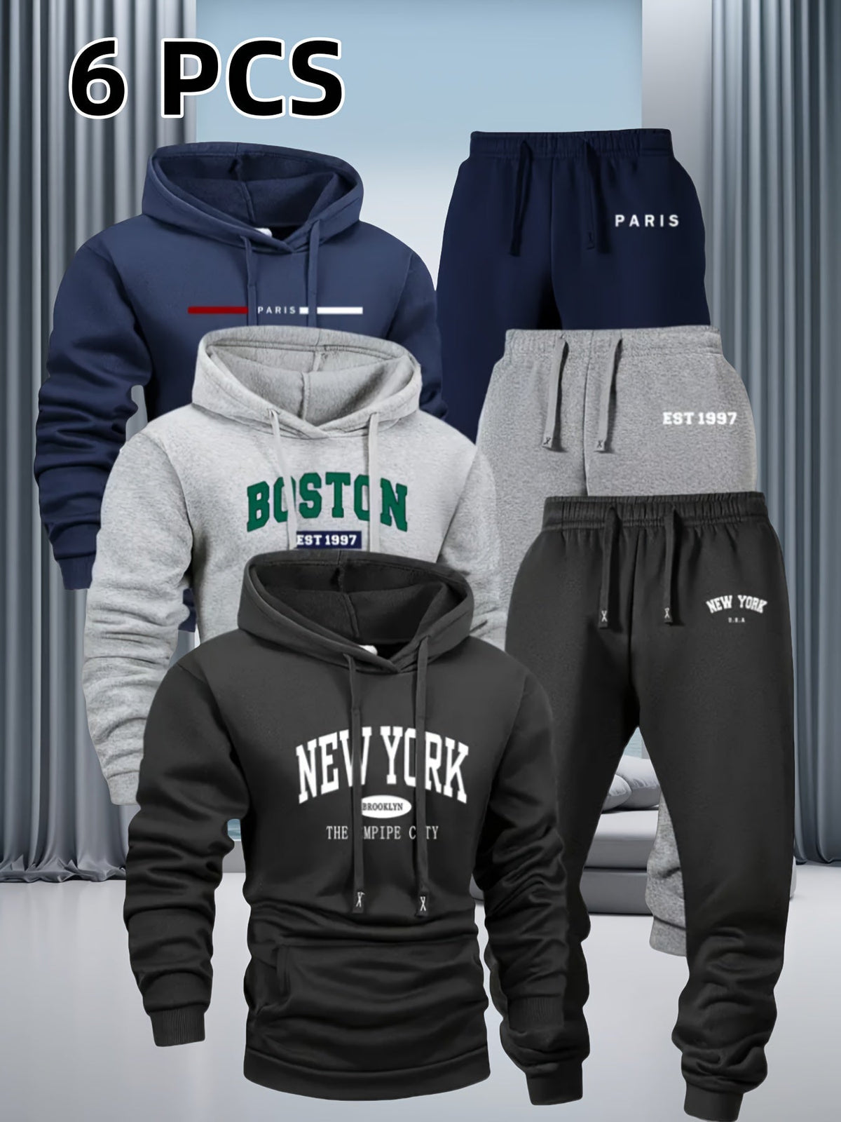 Ensemble de survêtement 6 pièces pour homme, sweat à capuche et pantalon de jogging - Vêtement de sport style urbain avec imprimé « City » pour le jogging, le fitness en extérieur et le quotidien, S-XXL