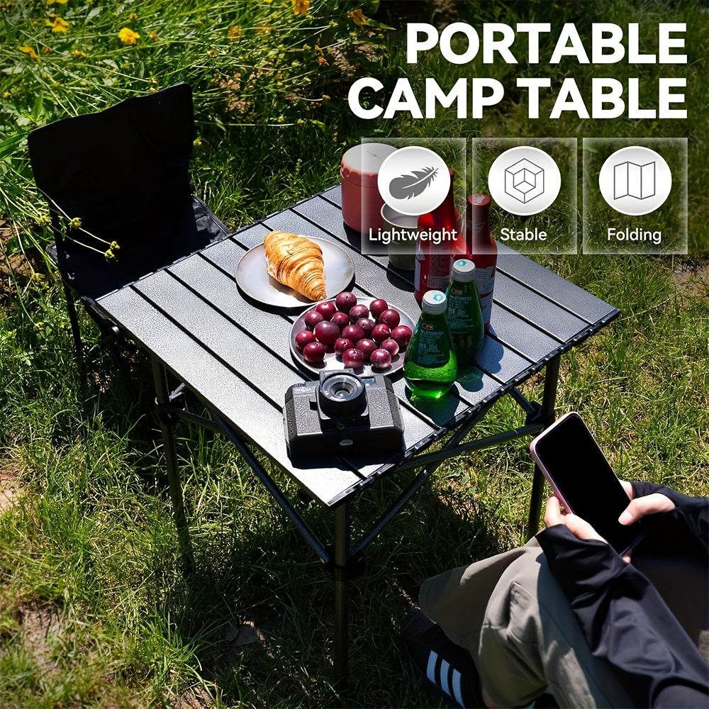Table de camping pliante portable, table d'extérieur légère et rétractable avec sac de transport, pieds robustes, grande surface plane pour pique-nique, barbecue, plage, randonnée, hayon, design compact et durable, tailles L et XL
