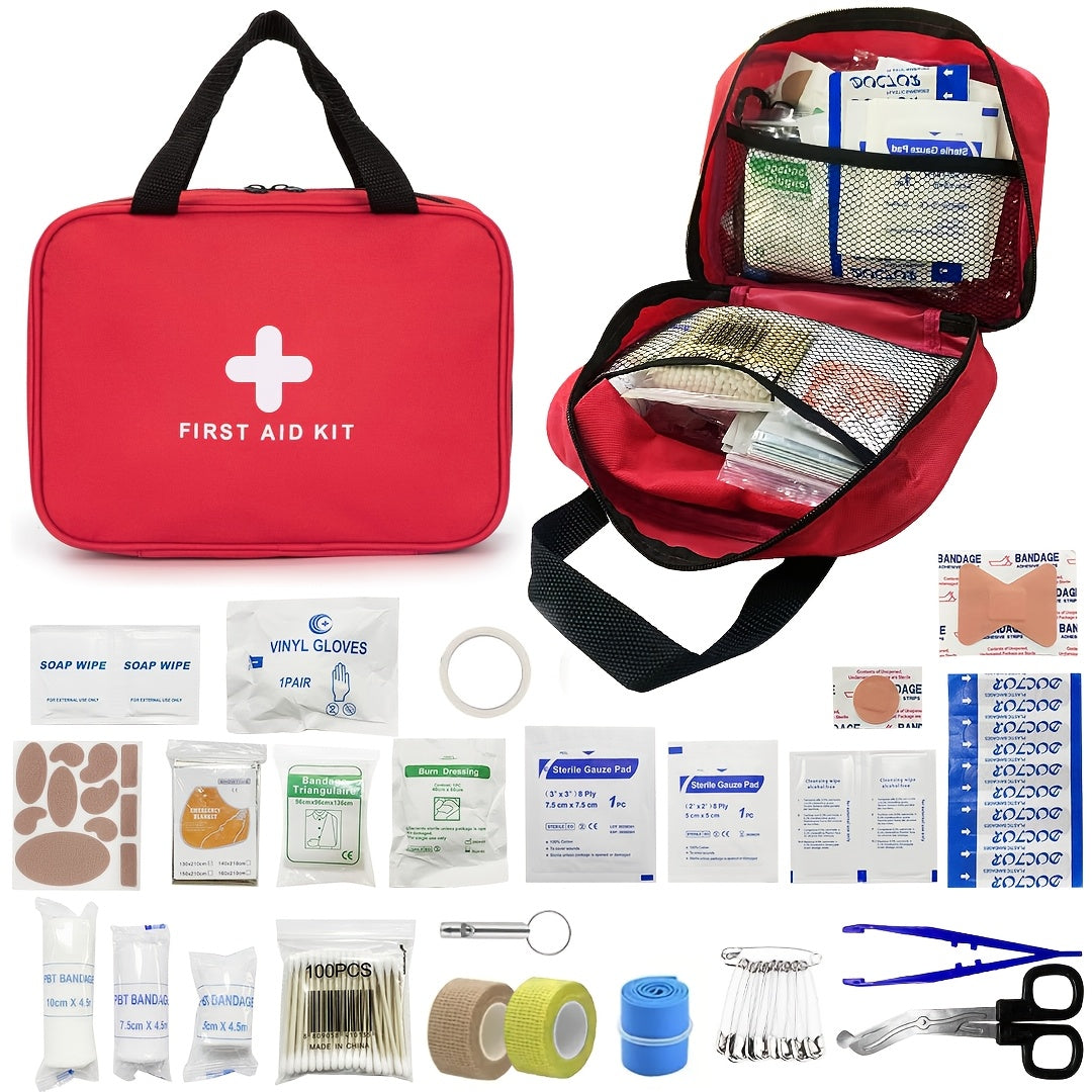 Trousse de premiers secours de 338 pièces, kit médical d'urgence compact et imperméable - Fournitures d'urgence pour la maison, le bureau, la voiture, les voyages, le camping, la randonnée et le bateau, rouge