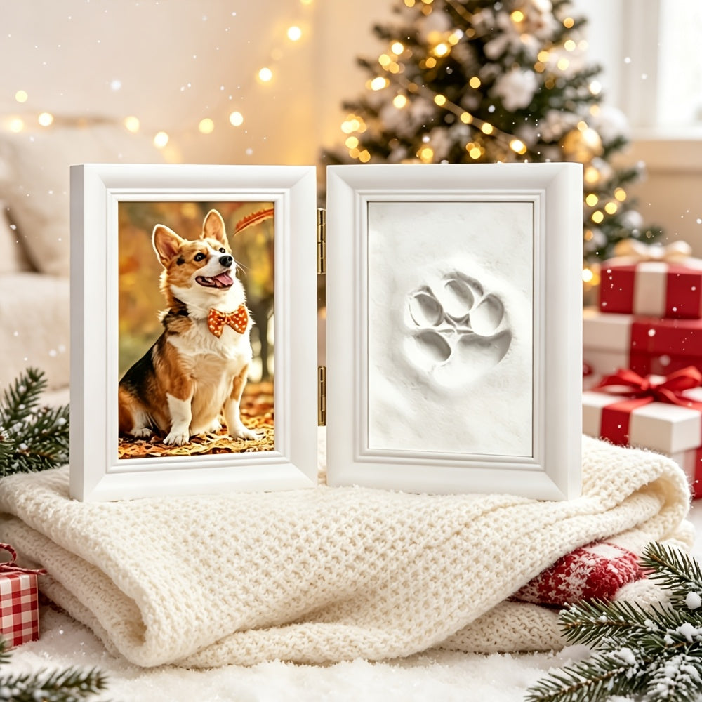 Cadre photo pour empreinte de patte d'animal avec kit de moulage en argile - Cadre souvenir pliable à poser pour chiens et chats, cadeau personnalisé pour premier anniversaire ou hommage après la perte d'un animal (Blanc/Noir/Bois)