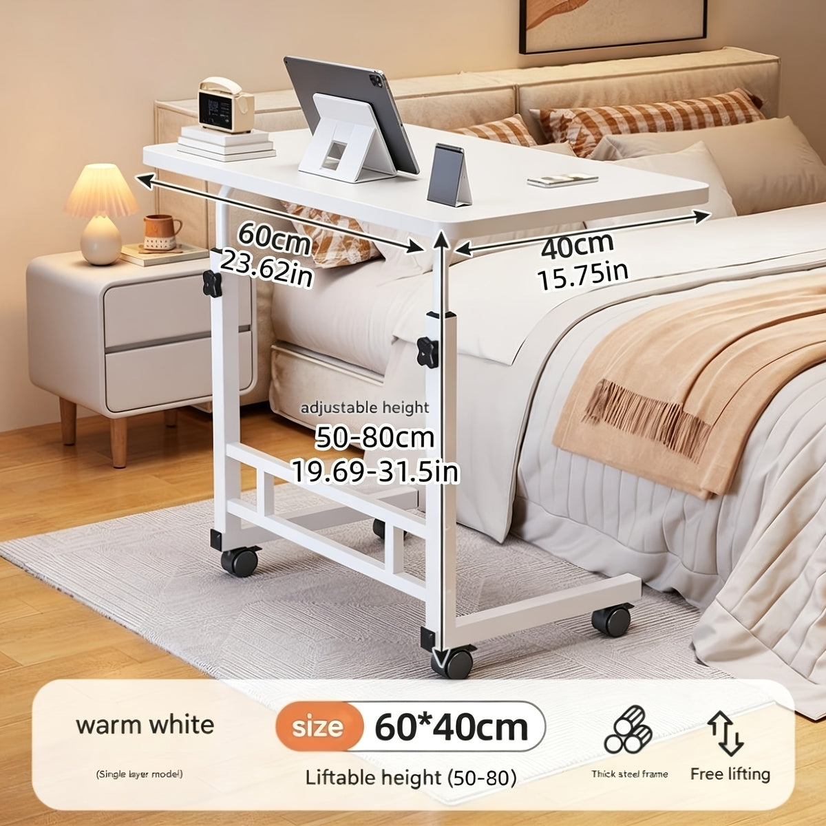 Bureau mobile portatif avec roulettes et table élévatrice à hauteur réglable – Petit bureau d'ordinateur pour lit, canapé, loisirs créatifs ou bureau à domicile, en noir ou blanc