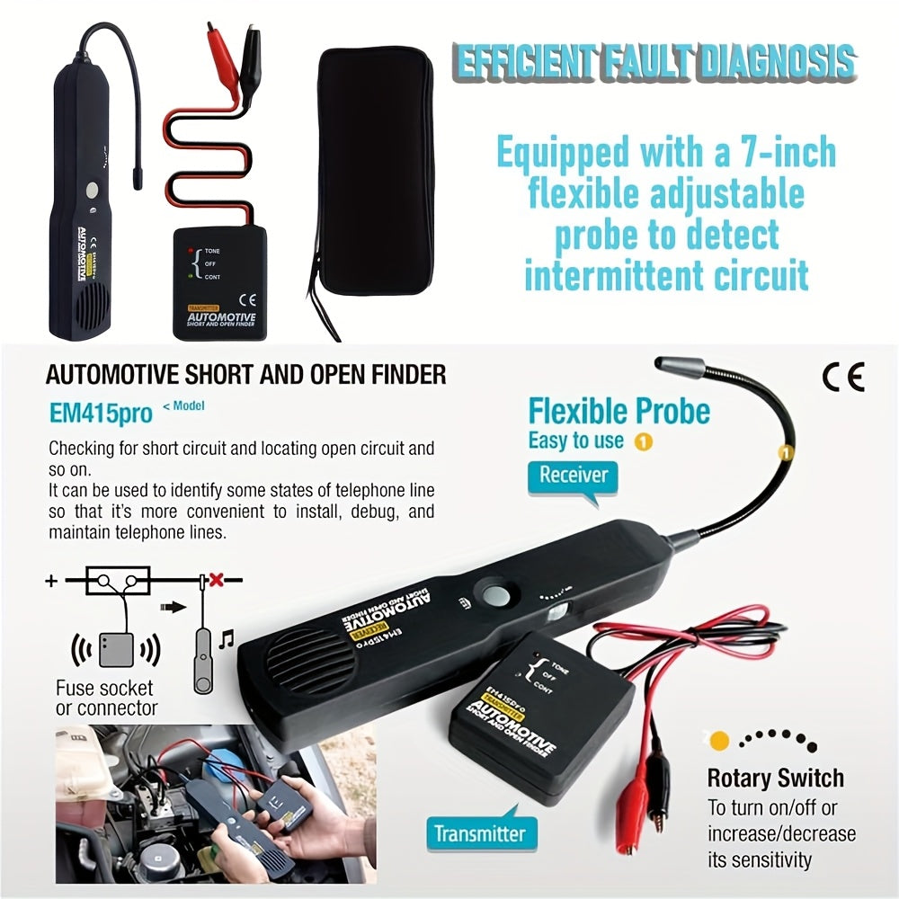 Kit de traçage de câbles automobile EM415PRO, testeur de circuit 6-42V CC – Localisation rapide des fils coupés et des courts-circuits avec sonde à induction sans contact – Outil de diagnostic électrique indispensable pour la réparation automobile