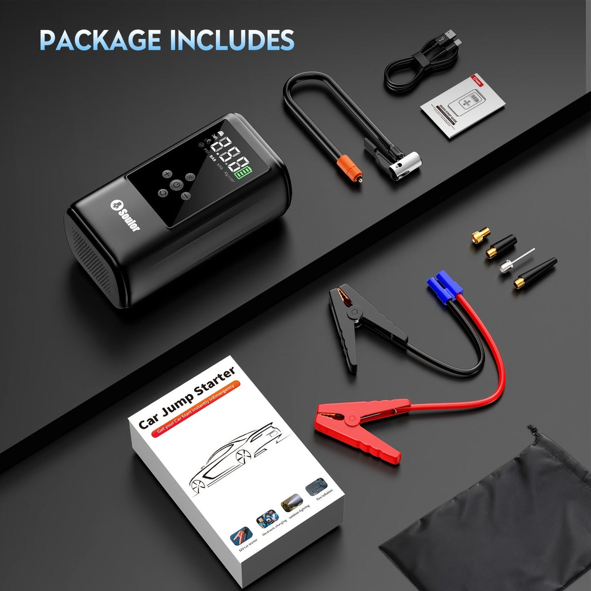 Démarreur de batterie portable 3000A-6000A – Booster de batterie lithium 12V, batterie externe avec double port USB QC 3.0 à charge rapide, lampe LED et boussole, compatible avec tous les moteurs essence
