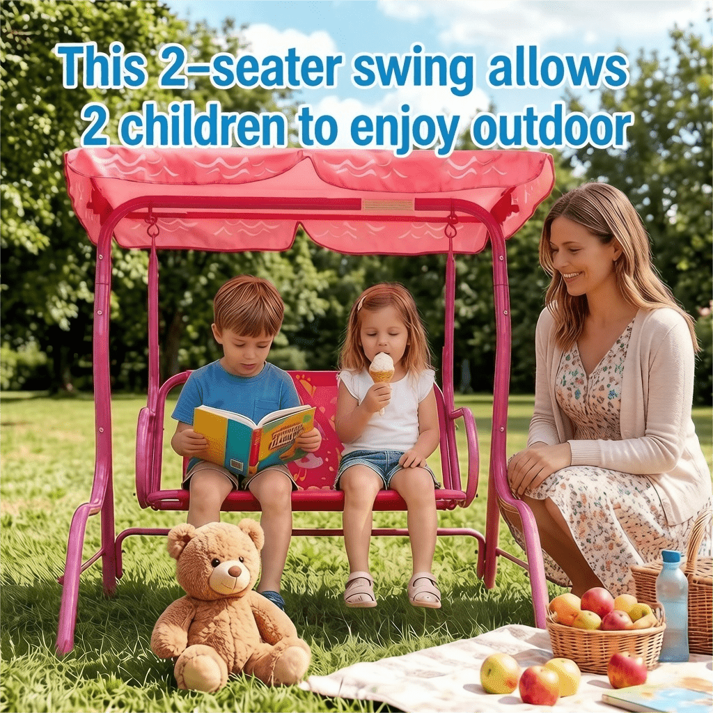 Balançoire de jardin pour enfants, 2 places, avec auvent réglable, ceintures de sécurité et structure en métal pour patio, cour, jardin ou balcon, 3 ans et plus, capacité de 82 kg