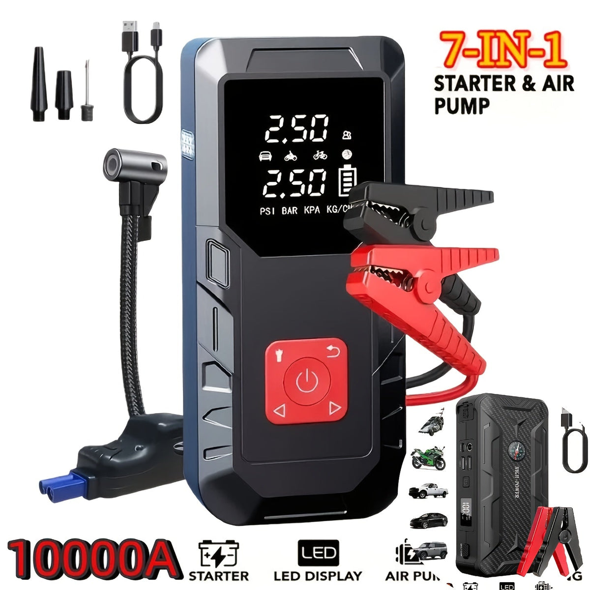 Démarreur de voiture 10000 A avec compresseur d'air 350 PSI, batterie de secours portable 9 en 1 avec lampe LED, charge rapide USB Type-C, gonfleur de pneus – Kit d'urgence pour voiture 12 V et cadeau