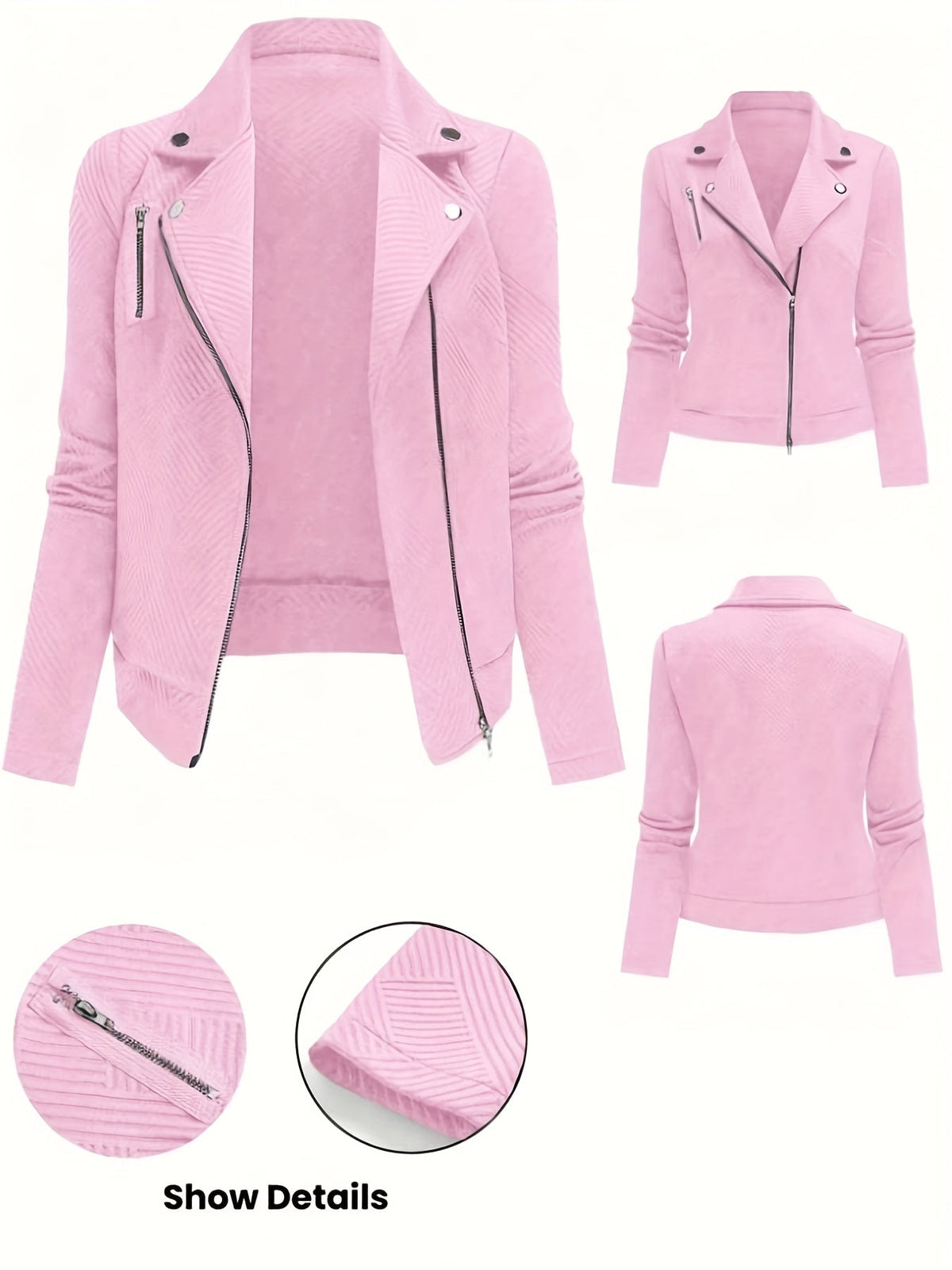 Veste de motard pour femme unie avec fermeture éclair et boutons à motif géométrique - Manteau de moto décontracté et élégant pour l'automne et l'hiver, idéal pour le quotidien ou un look streetwear