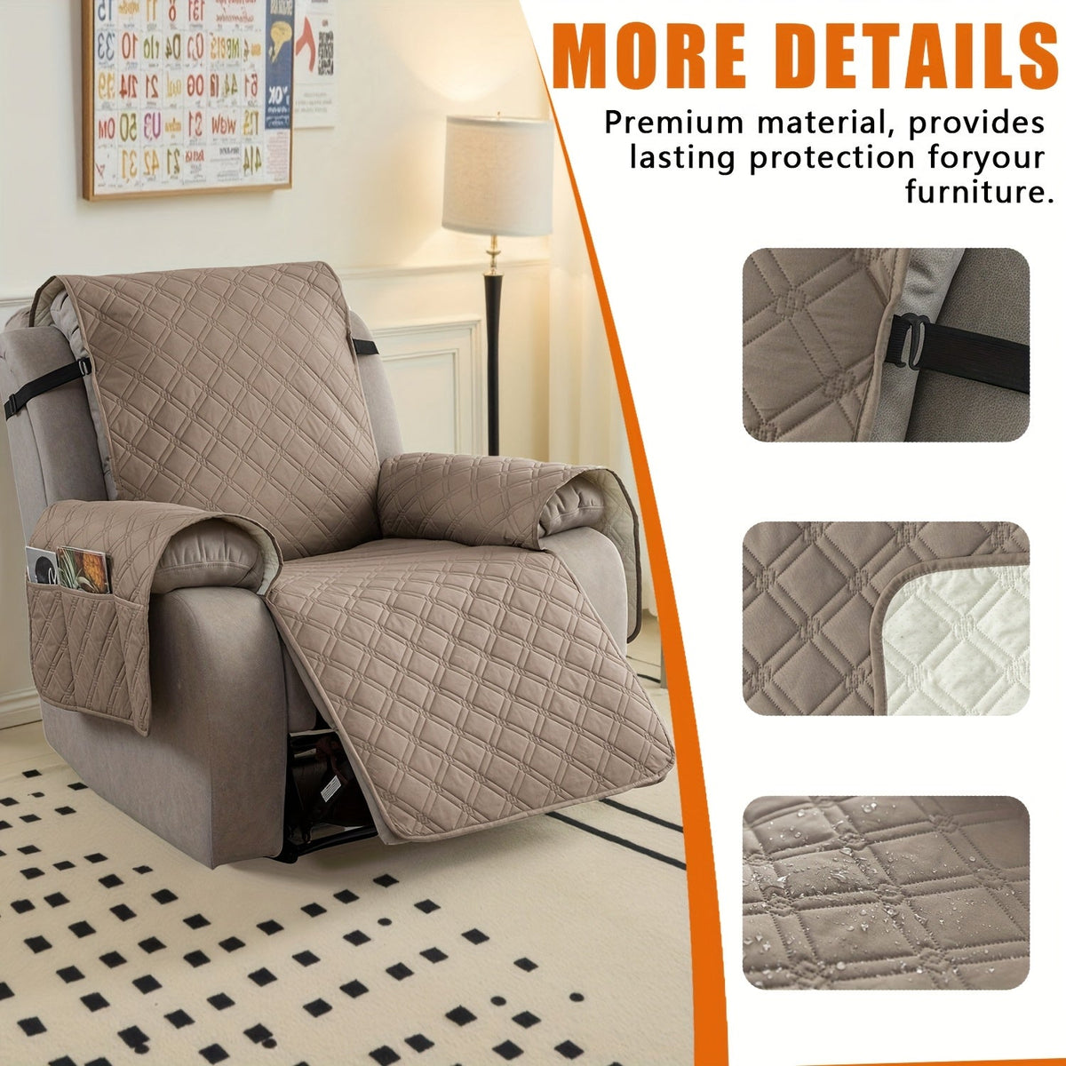 Housse de fauteuil inclinable imperméable avec poches latérales, sangles antidérapantes, tissu matelassé 4 couches, protection contre les animaux et les enfants, lavable en machine – 11 couleurs