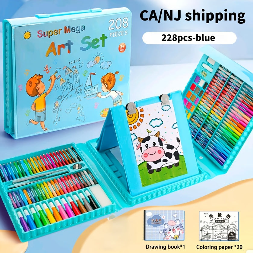 Kit de dessin et peinture pour enfants de 228 pièces avec chevalet, kit complet pour débutants de 3 à 12 ans, inclut carnet de croquis, livre de coloriage, marqueurs acryliques, feutres aquarellables, pastels à l'huile, crayons de couleur et gomme