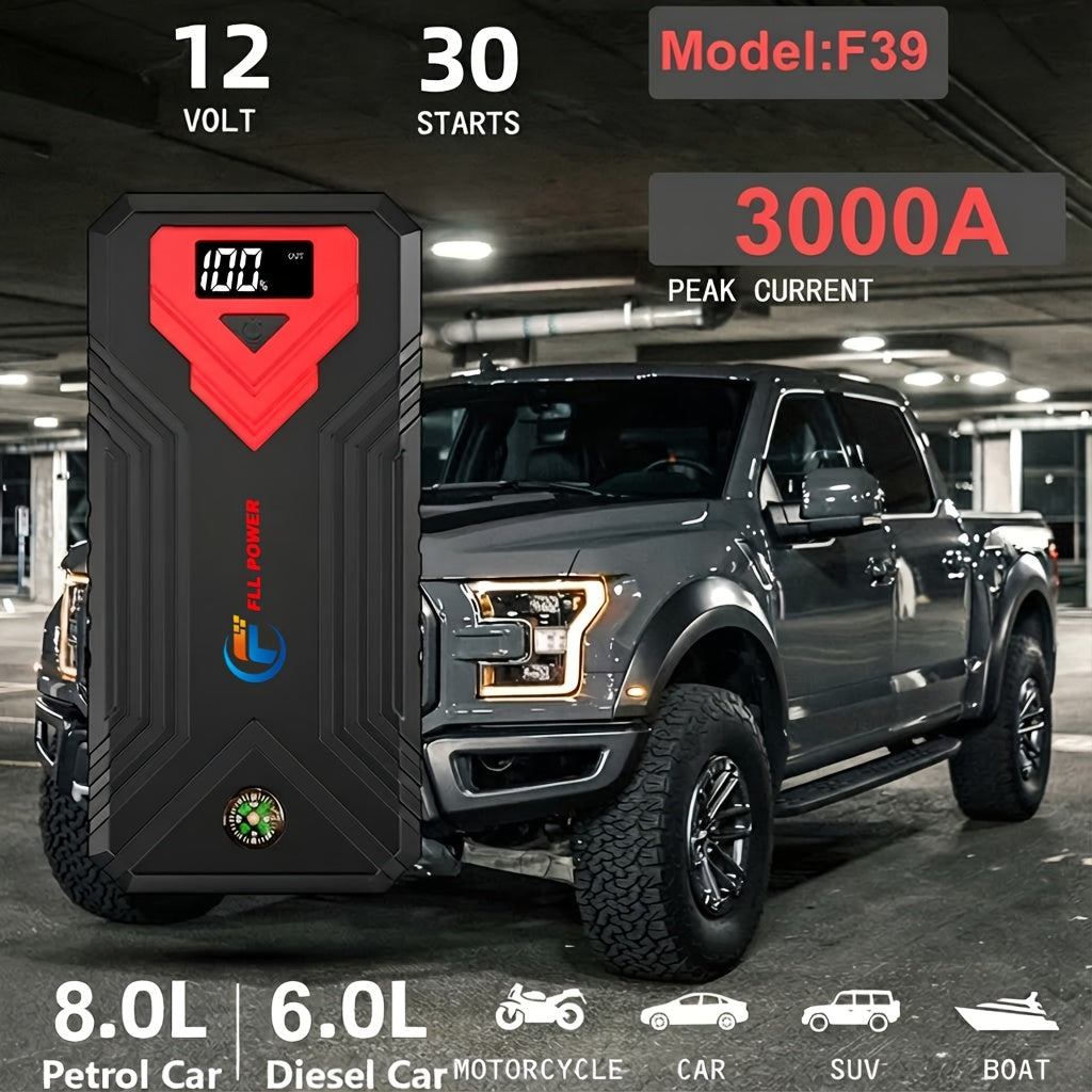 Démarreur de batterie portable pour voiture 1600A–3000A 12V – Booster d'urgence compact pour moteurs essence et diesel avec ports de charge USB et lampe de poche LED