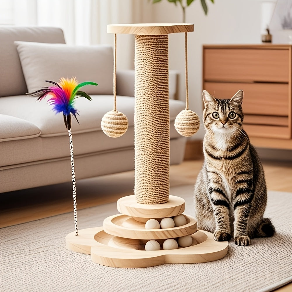 Arbre à chat 4-en-1 avec griffoir en sisal, jouet à plume, circuit à balles à deux niveaux et 6 balles en bois – Centre d'activité en bois massif anti-basculement pour chats d'intérieur, chatons et foyers multi-chats