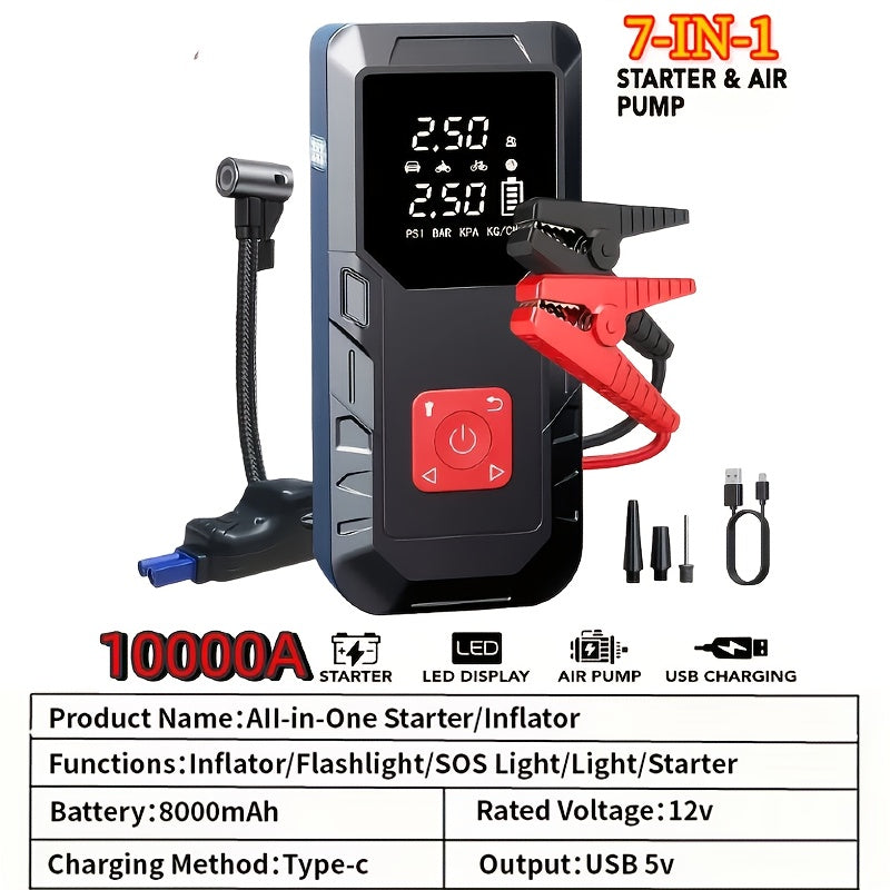 Démarreur de voiture 10000 A avec compresseur d'air 350 PSI, batterie de secours portable 9 en 1 avec lampe LED, charge rapide USB Type-C, gonfleur de pneus – Kit d'urgence pour voiture 12 V et cadeau