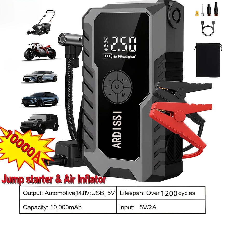 Démarreur de batterie portable 5000A avec compresseur d'air 150 PSI – Booster de batterie tout-en-un 10000mAh, port Type-C, lampe LED pour voitures essence et diesel 12V, camions, SUV et motos
