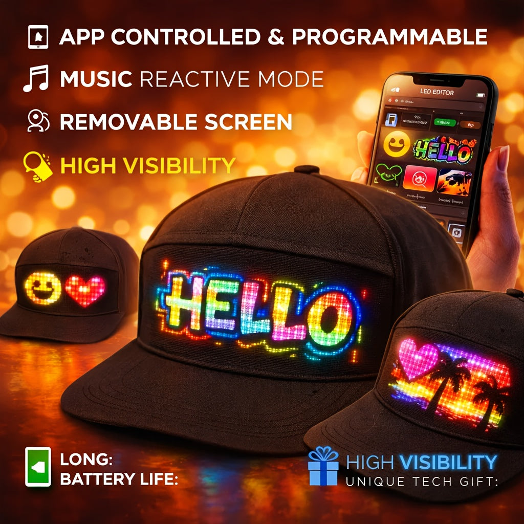 Casquette de baseball LED programmable – Texte et animations défilants via application Bluetooth, casquette lumineuse rechargeable pour fêtes, festivals de musique et courses nocturnes, cadeau réglable pour ados