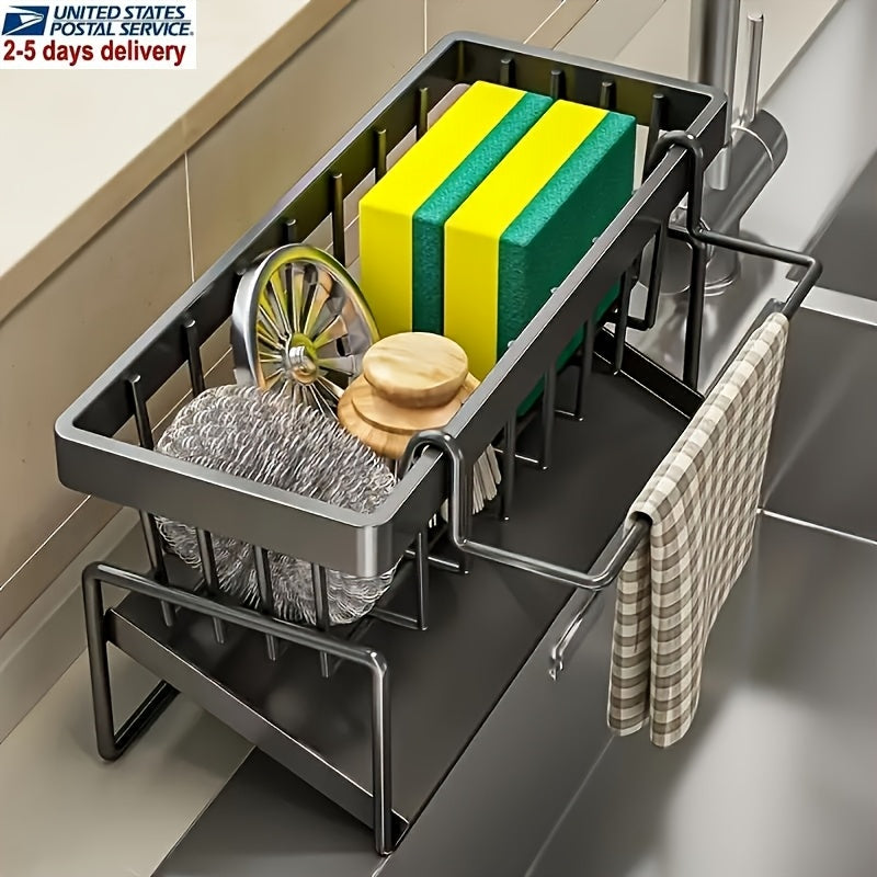 Organisateur d'évier avec drainage et porte-brosse amovible – Rangement de comptoir pour brosse à vaisselle, éponge, savon et tampon à récurer, plastique gris, pour cuisine, salle de bain et buanderie
