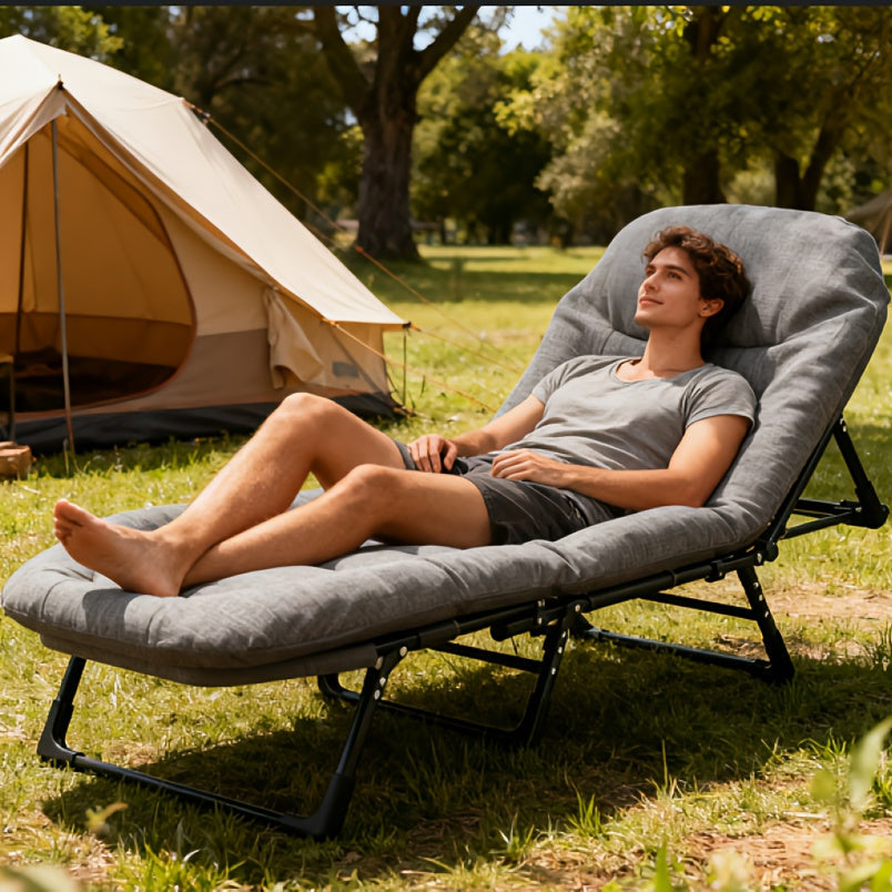Lit de camp XL avec appui-tête intégré et matelas amovible – Lit pliant portable de 180 cm, cadre robuste pour adultes – pour le camping, lit d'appoint, voyage et pique-nique