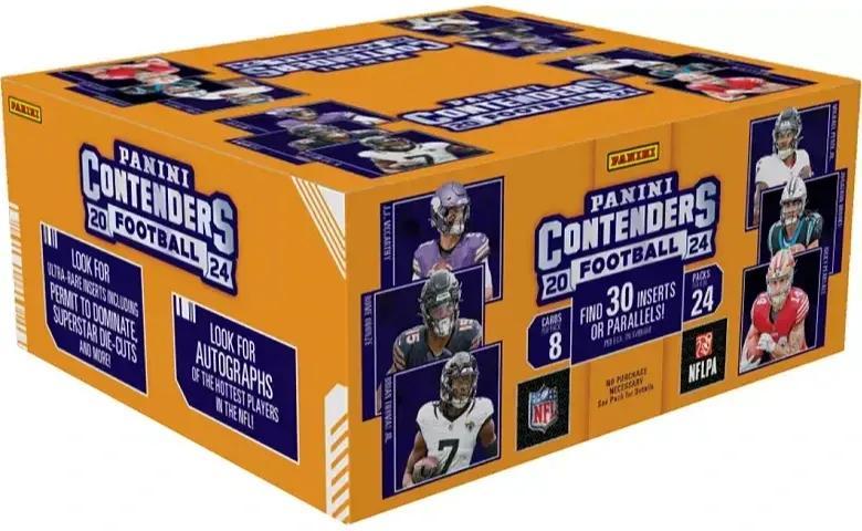 Boîte de détail scellée en usine Panini Contenders Football 2024 – 24 paquets, 8 cartes par paquet, 192 cartes au total – À la recherche des recrues Caleb Williams et Marvin Harrison Jr., inserts Permit to Dominate & Superstar Die-Cut