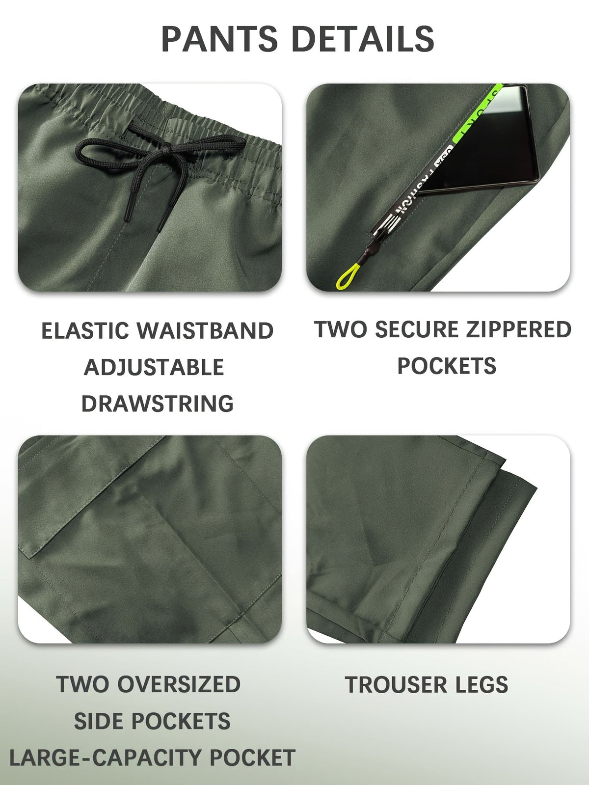 Pantalon cargo multipoches pour femme – Détails zippés vert néon, taille à cordon de serrage, pantalon outdoor pleine longueur pour le voyage, 4 coloris, tailles XS à XXL, streetwear décontracté printemps-automne