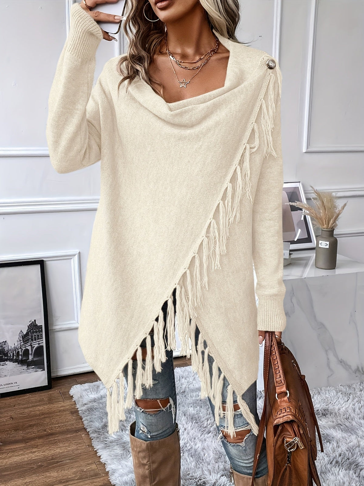 Women's Fringed Shawl Cardigan with Draped Neckline - Fringe Trim Wrap Sweater for Fall Winter, Solid Color Loose Knit Poncho Shawl S M L XL XXL