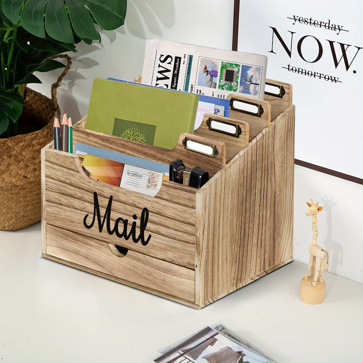 Grand organisateur de courrier de bureau en bois massif avec tiroir, 4 compartiments et séparateurs étiquetables pour dossiers, lettres et papier, organisateur de bureau pour bureau à domicile, étudiants et professionnels