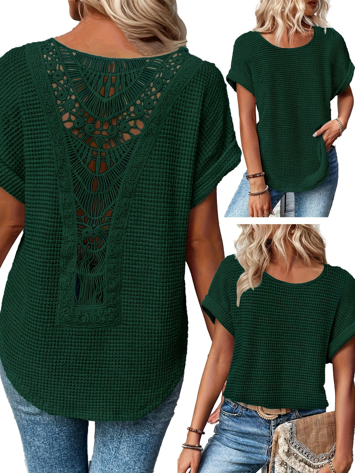 T-shirt femme été décontracté à col rond et manches courtes en patchwork de dentelle, haut fluide, bleu paon, kaki, noir, blanc, S M L XL XXL