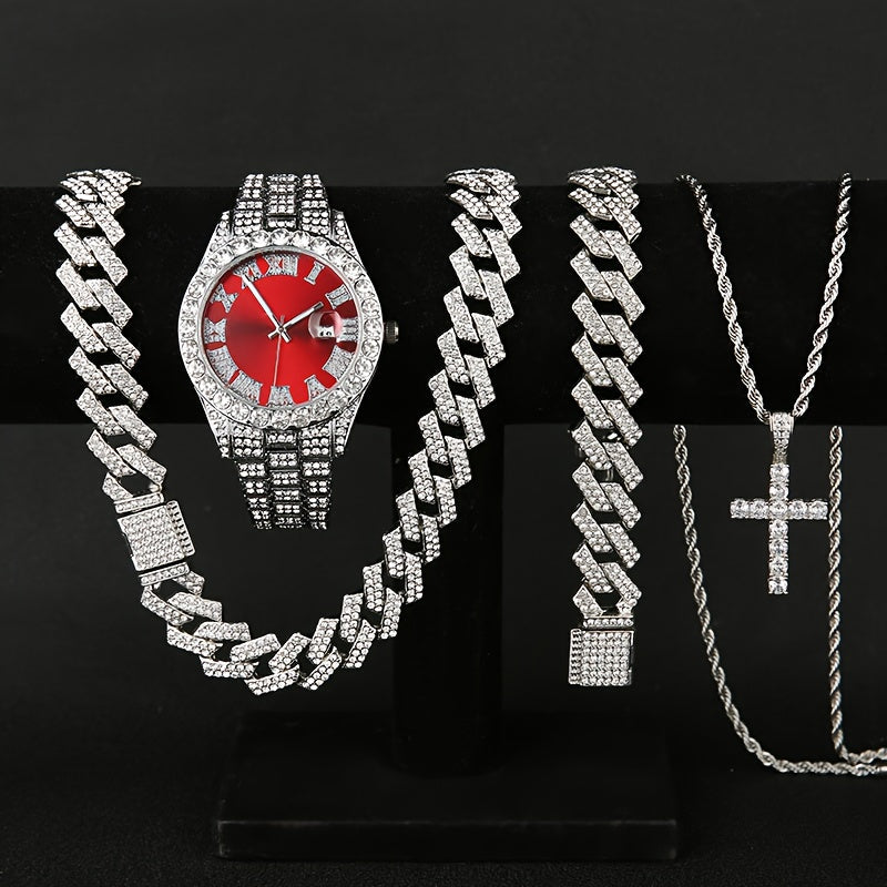 Ensemble cadeau pour homme : montre à quartz avec strass, collier et bracelet, 3 ou 4 pièces – Parure de bijoux avec collier croix pour homme, accessoire de fan de football, cadeau d'anniversaire ou de fêtes, argenté ou doré
