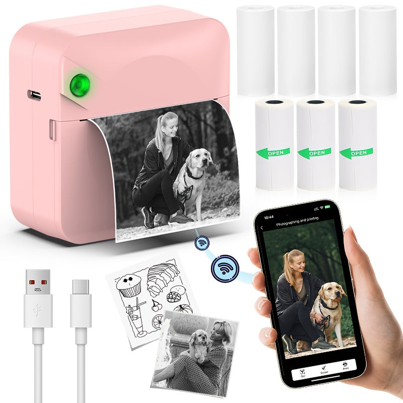 Mini imprimante thermique sans fil pour étiquettes – Imprimante de poche Bluetooth portable sans encre pour photos, journaux, notes et mémos, inclut 1 rouleau de papier thermique, imprimante intelligente de reçus et d'étiquettes