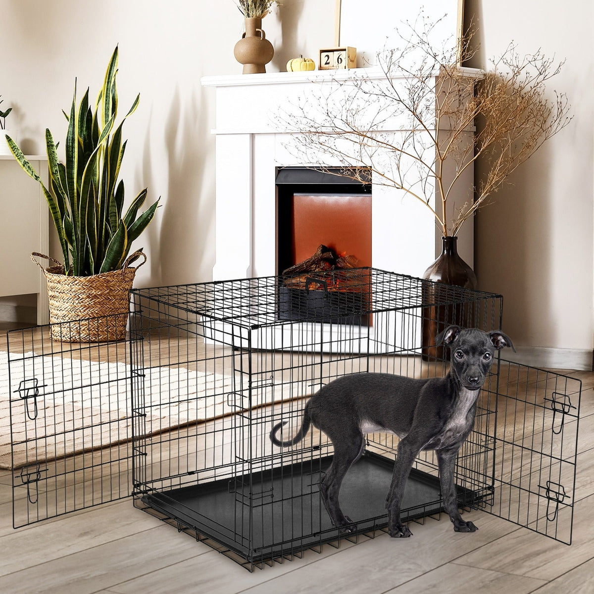 Cage pour chien pliable en fil métallique avec séparateur et plateau étanche – Chenil en métal repliable à double porte pour chiens de petite, moyenne et grande taille, pour intérieur, extérieur et voyage