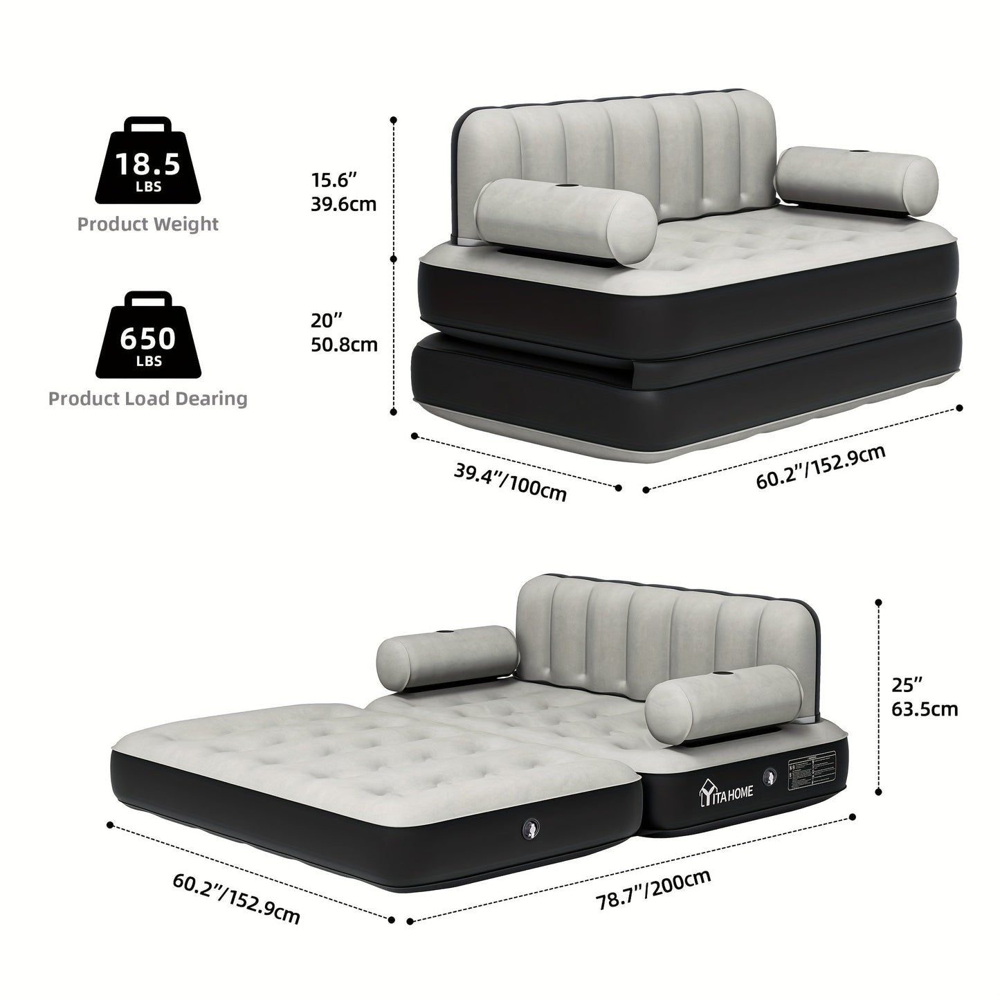 Inflatable Air Sofa Bed 2-in-1 Queen Size – Portable Blow Up Couch & Airbed with Headboard, Cup Holders, External Pump & Storage Bag, 440 lb Capacity for Home, Camping & Guests
