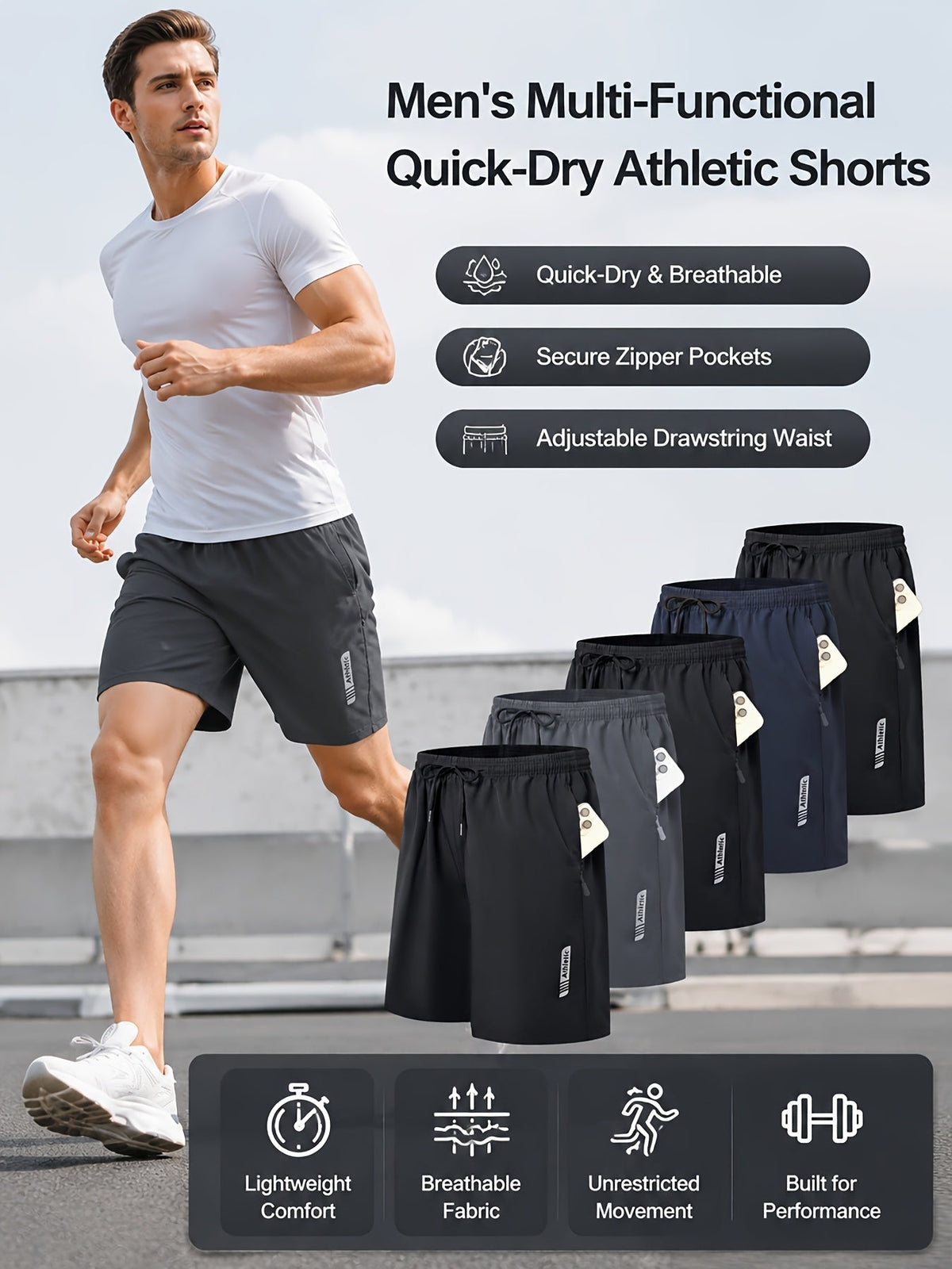 Lot de 5 shorts de sport pour homme – Shorts de gym et de basketball à séchage rapide avec taille élastique et poche latérale zippée, vêtements de sport légers pour la course, la randonnée et le quotidien
